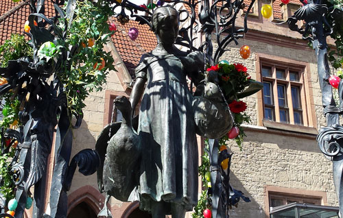 A fountain that stands in front of the mediaeval town hall in Göttingen