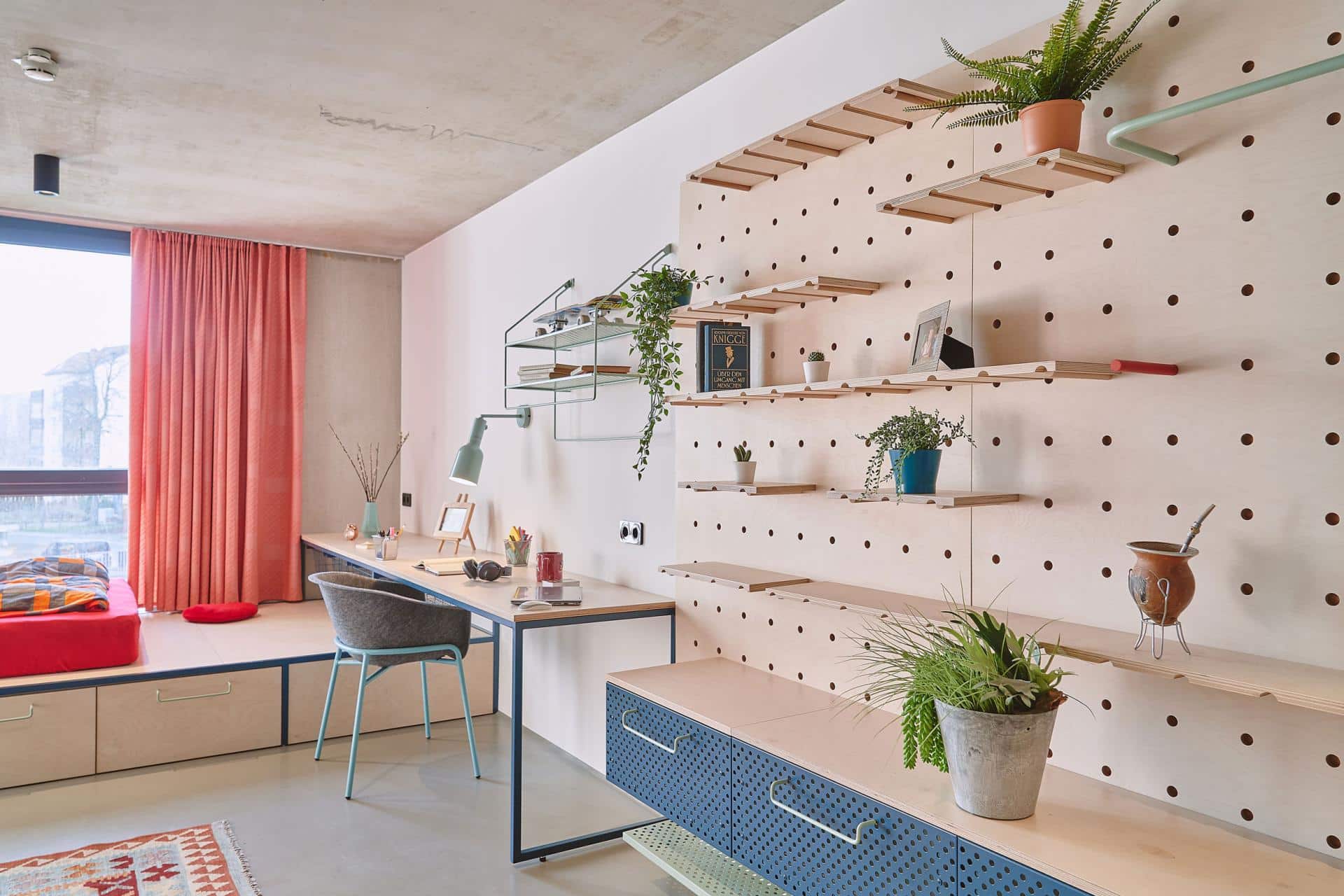 Study space with desk and shelves