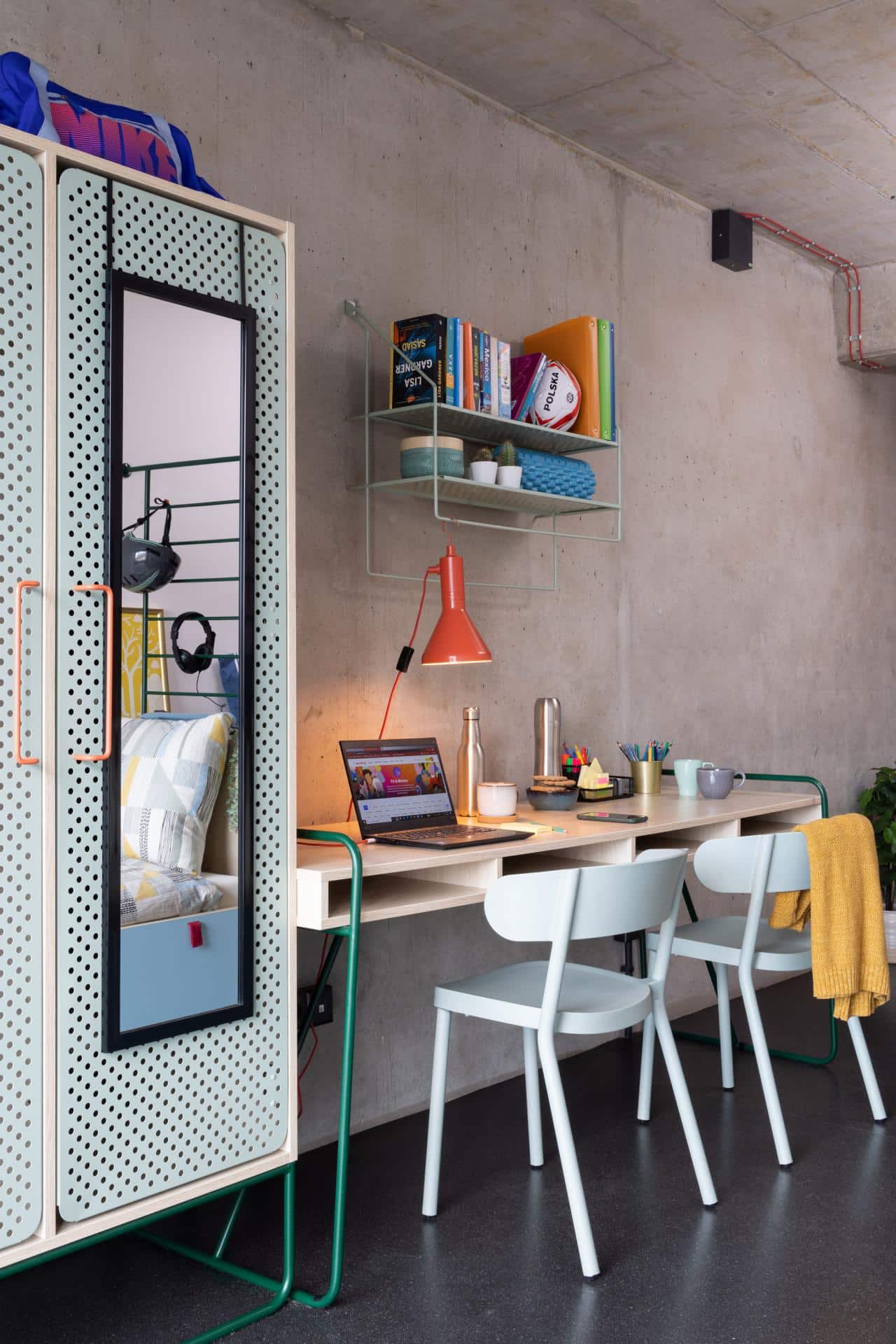 Desk in the study space of a shared room at Basecamp Łódź Rewolucji student accommodation