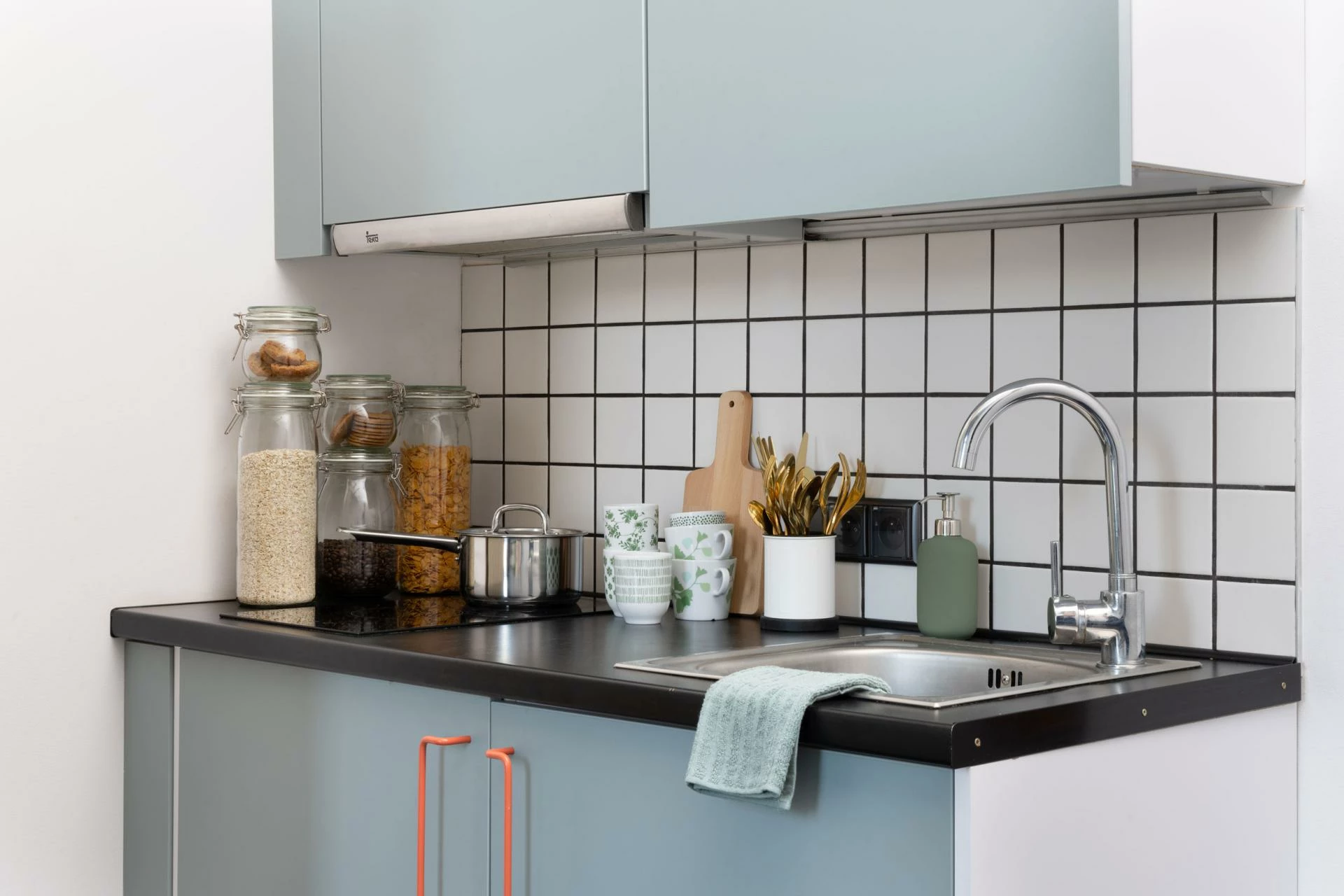 Kitchenette in a single accessible room in Basecamp Łódź Rewolucji student accommodation