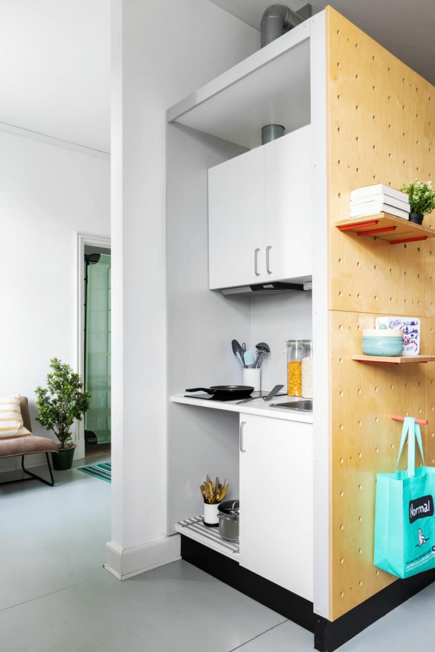 kitchen and storage area of a student room at Basecamp Copenhagen student accommodation