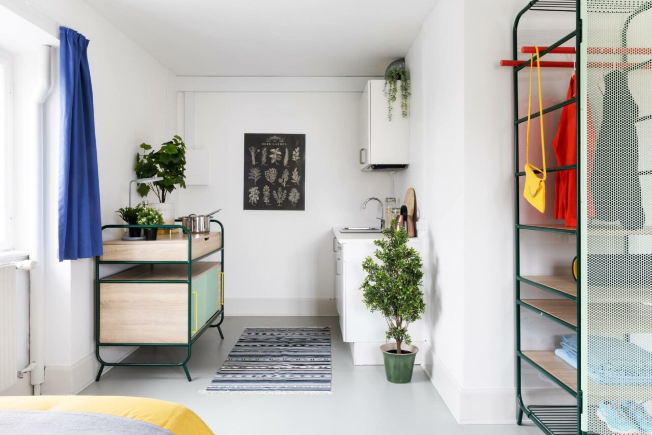 Dining and kitchen area of a student room at Basecamp Copenhagen student accommodation