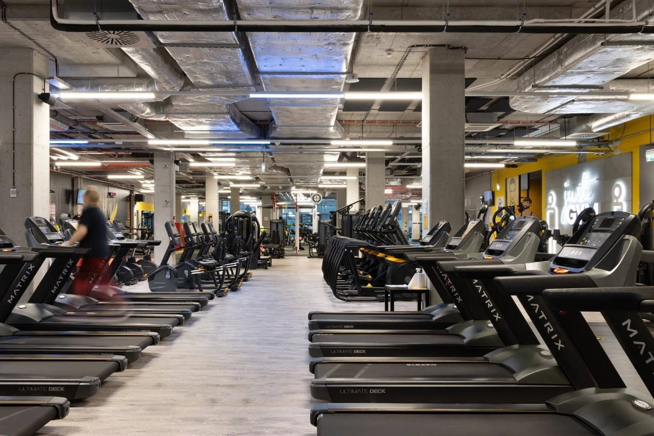 Treadmills area of the free, state of the art 24/7 gym at Basecamp Katowice dorm