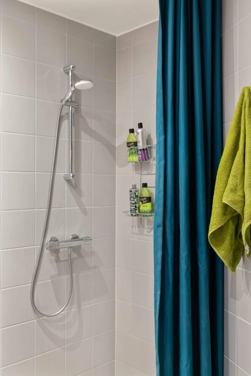 Shower in the private bathroom of a student room in Basecamp Lyngby