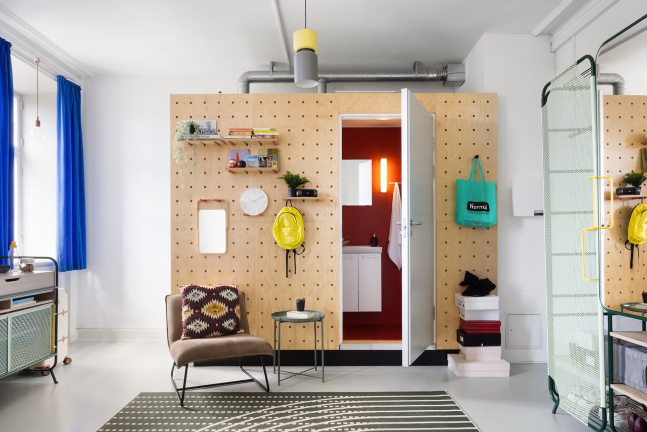 Lounge and storage area of a L room at Basecamp Copenhagen City student housing