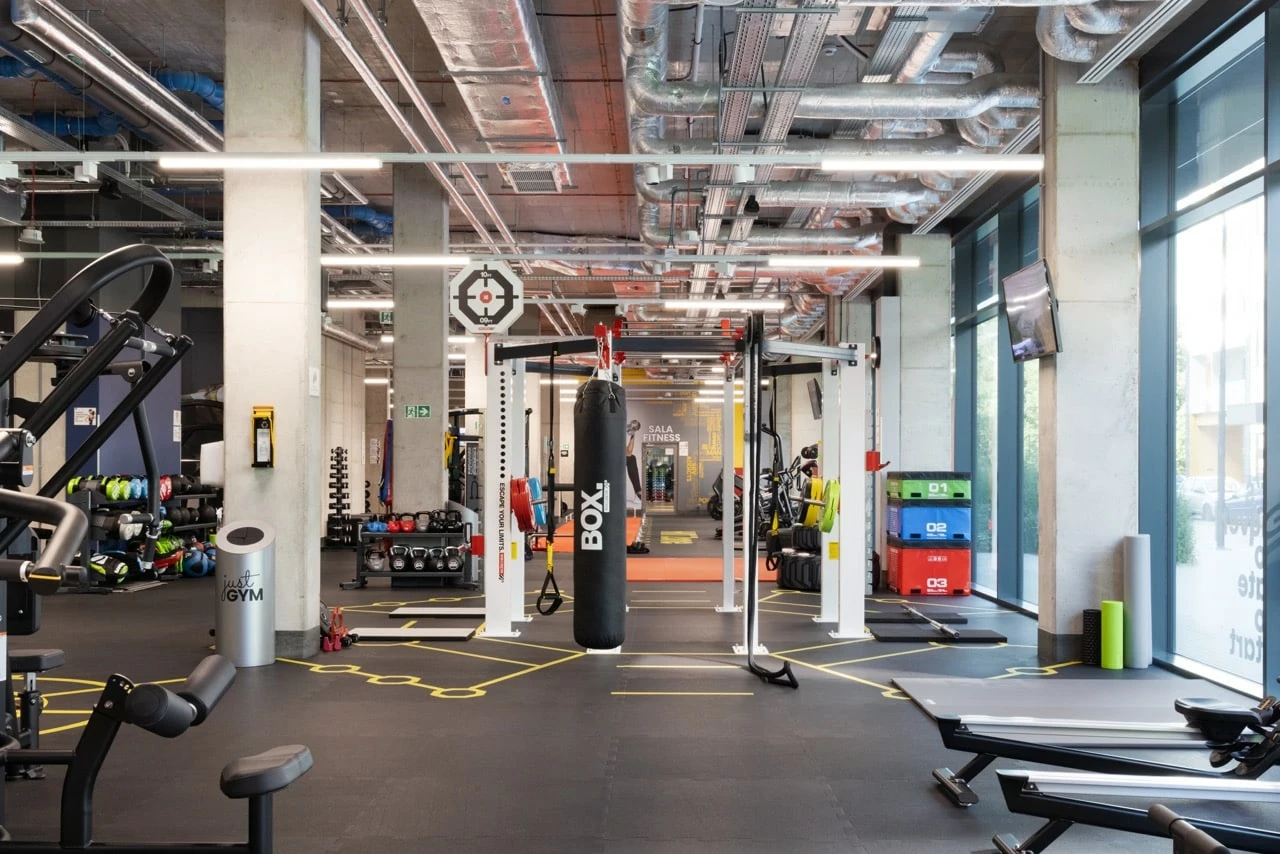 weights area with punching bag at the gym in Basecamp Wroclaw student accommodation