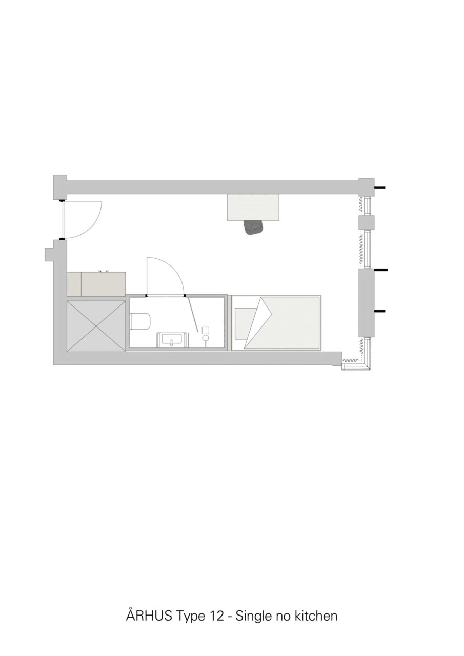 Basecamp Aarhus student accommodation - single with shared kitchen room floor plan