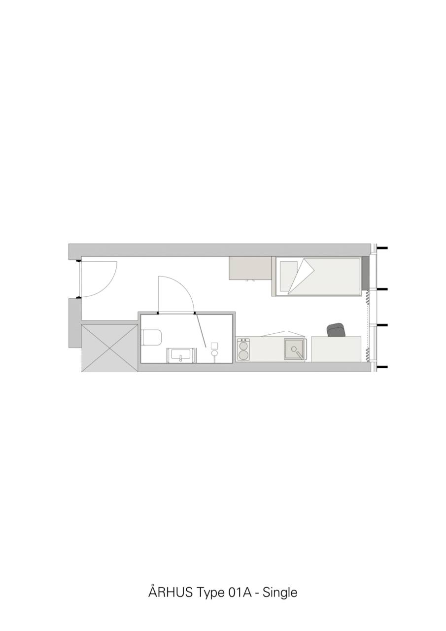 Basecamp Aarhus student accommodation - single with kitchenette room floor plan