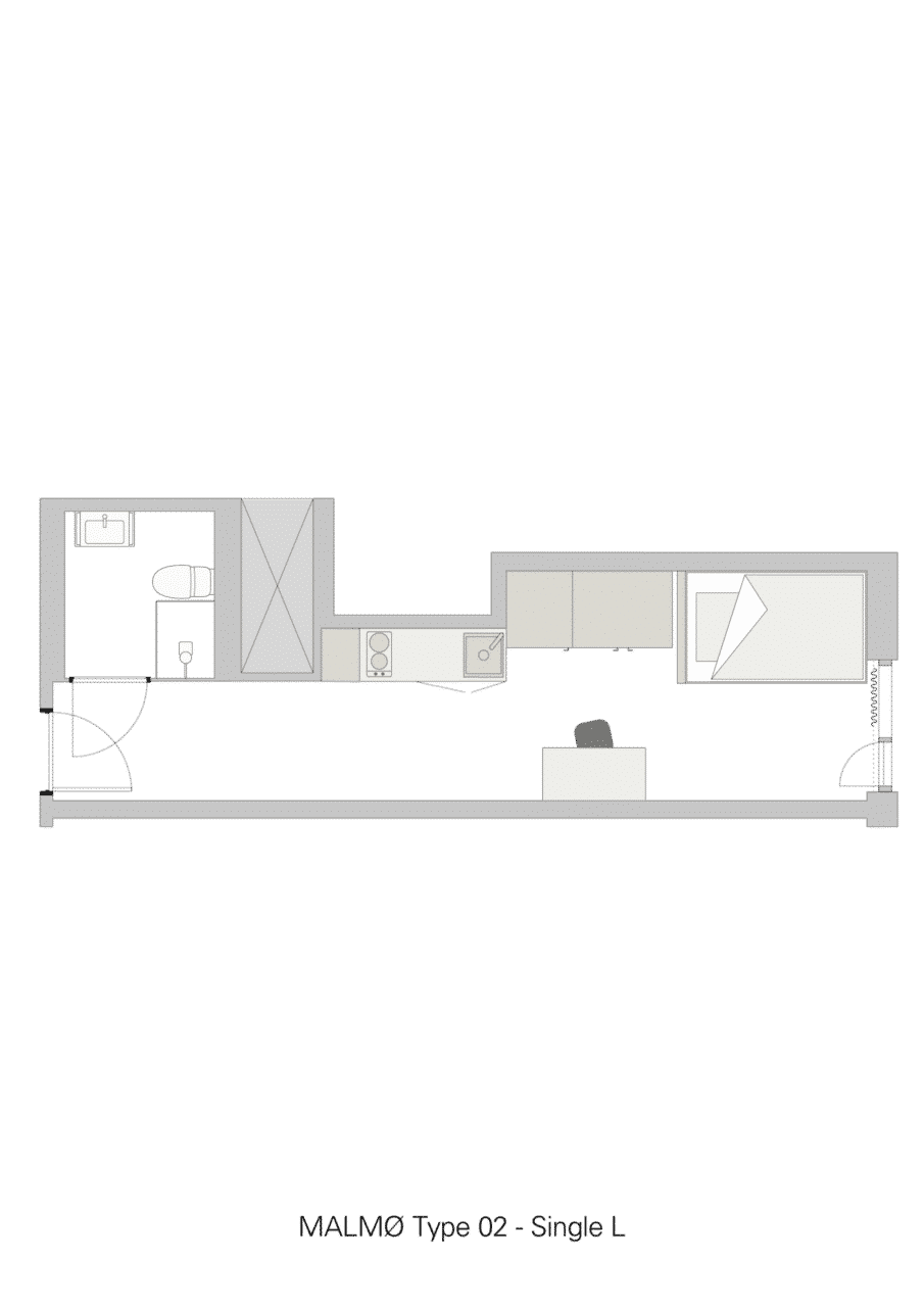 Basecamp Aarhus student accommodation - Single L room floor plan 