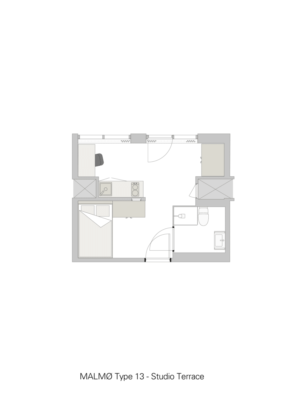 Basecamp Aarhus student accommodation - studio terrace room floor plan 