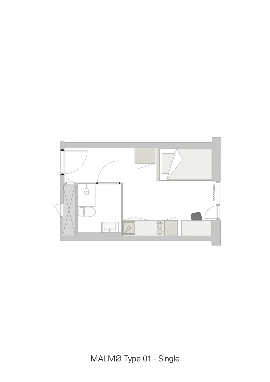 Basecamp Aarhus student accommodation - Single with kitchenette room floor plan 