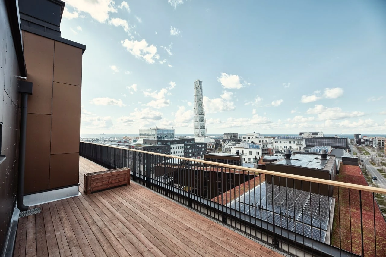 Terrace and view from one of the penthouses at Basecamp Malmö student dorm