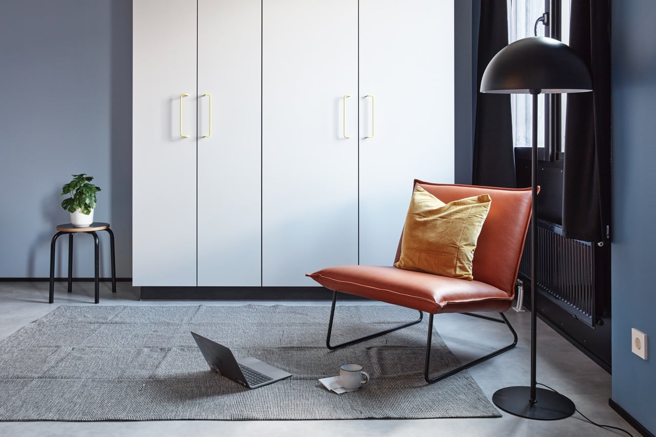 Lounge and storage area of a Studio L room at Basecamp Malmö student accommodation