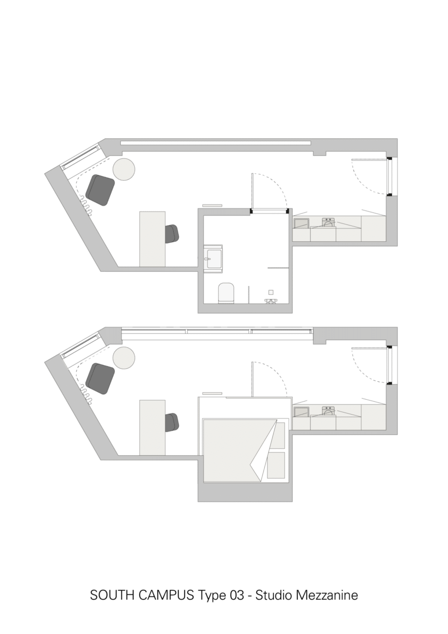 Basecamp Copenhagen South Campus student dormitory- Studio mezzanine type 3 floor plan