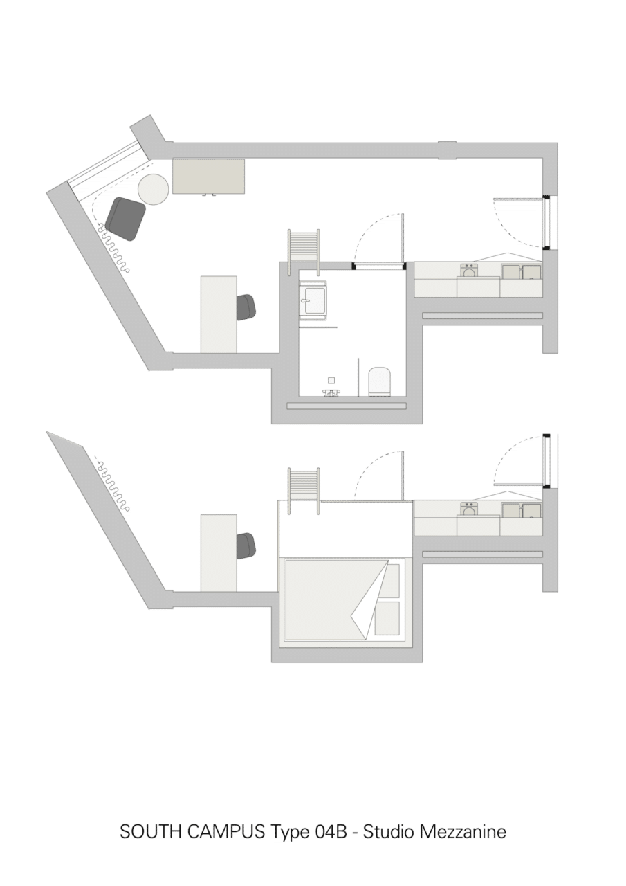 Basecamp Copenhagen South Campus student dormitory- Studio mezzanine floor plan