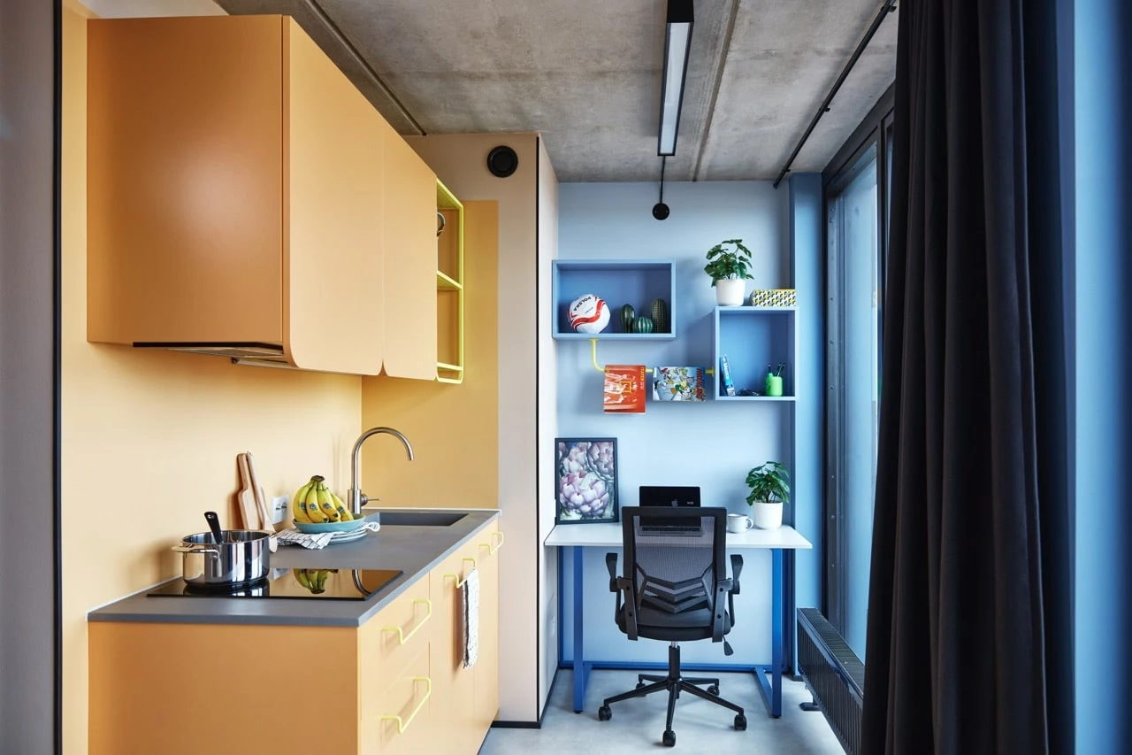 Study space and kitchenette in one of the studio terrace rooms at Basecamp Malmö student housing