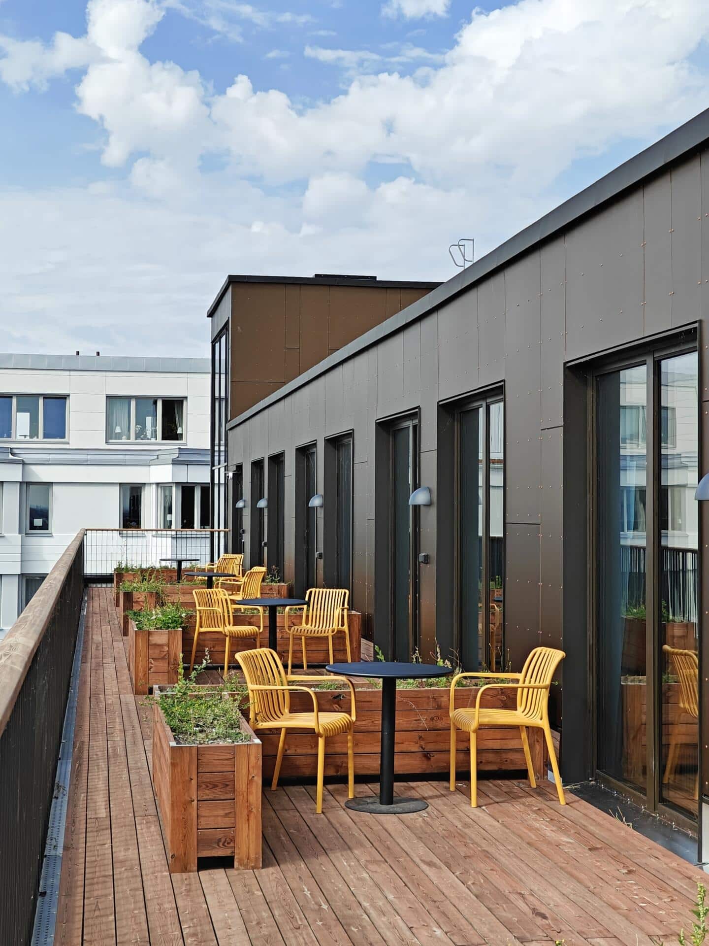 Roof terraces of the student rooms at Basecamp Malmö dorm