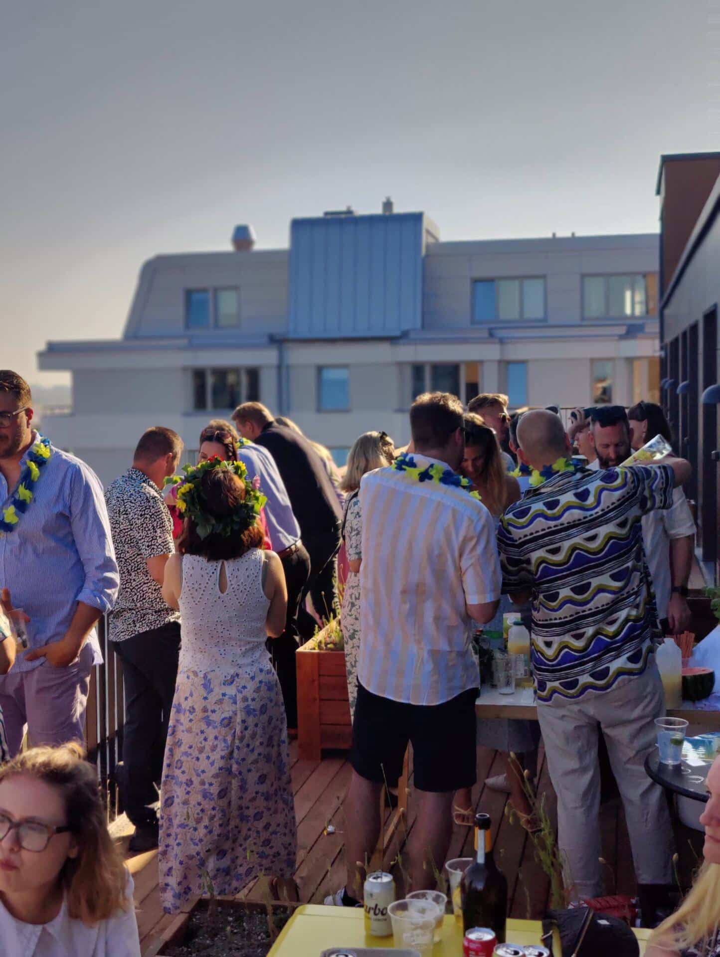 Basecamp Malmö student housing residents enjoy the communal roof terraces with views of Malmö city