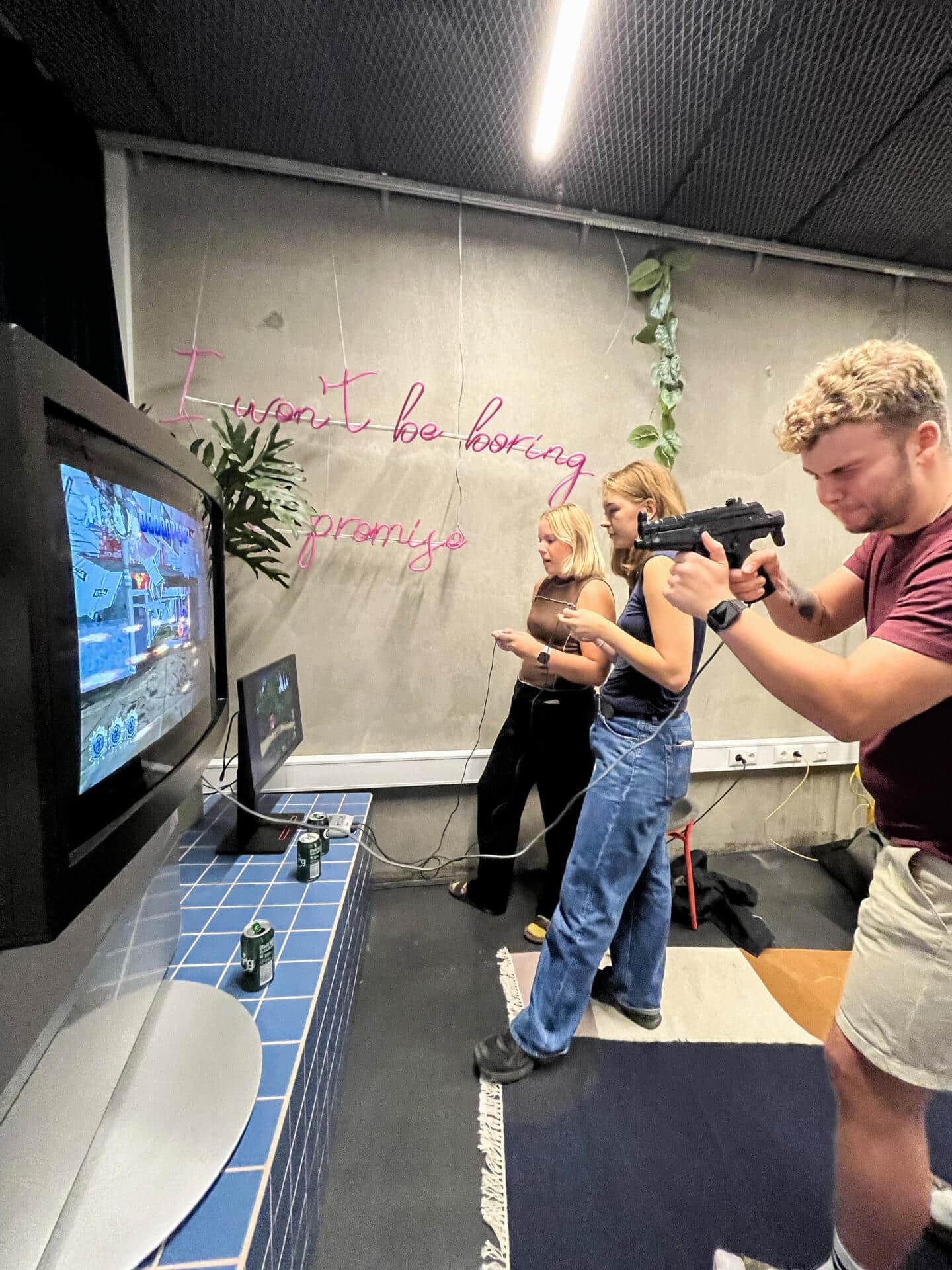 Students play videogames in the Game Zone at Basecamp Lyngby student accommodation